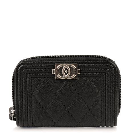 CHANEL Caviar Quilted Boy Zip Around Coin Purse Wallet Black 